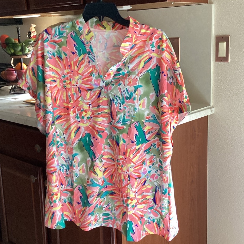 SHEIN Vibrant Floral Blouse - Pink and Green